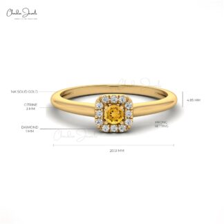 Dainty Diamond Halo Ring In 14k Pure Gold Citrine 3mm Round Gemstone Bridal Rings