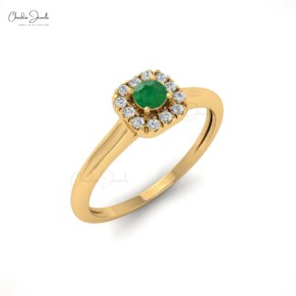 Prong Set Zambian Emerald with Diamond Accents in 14k Solid Gold Halo Ring