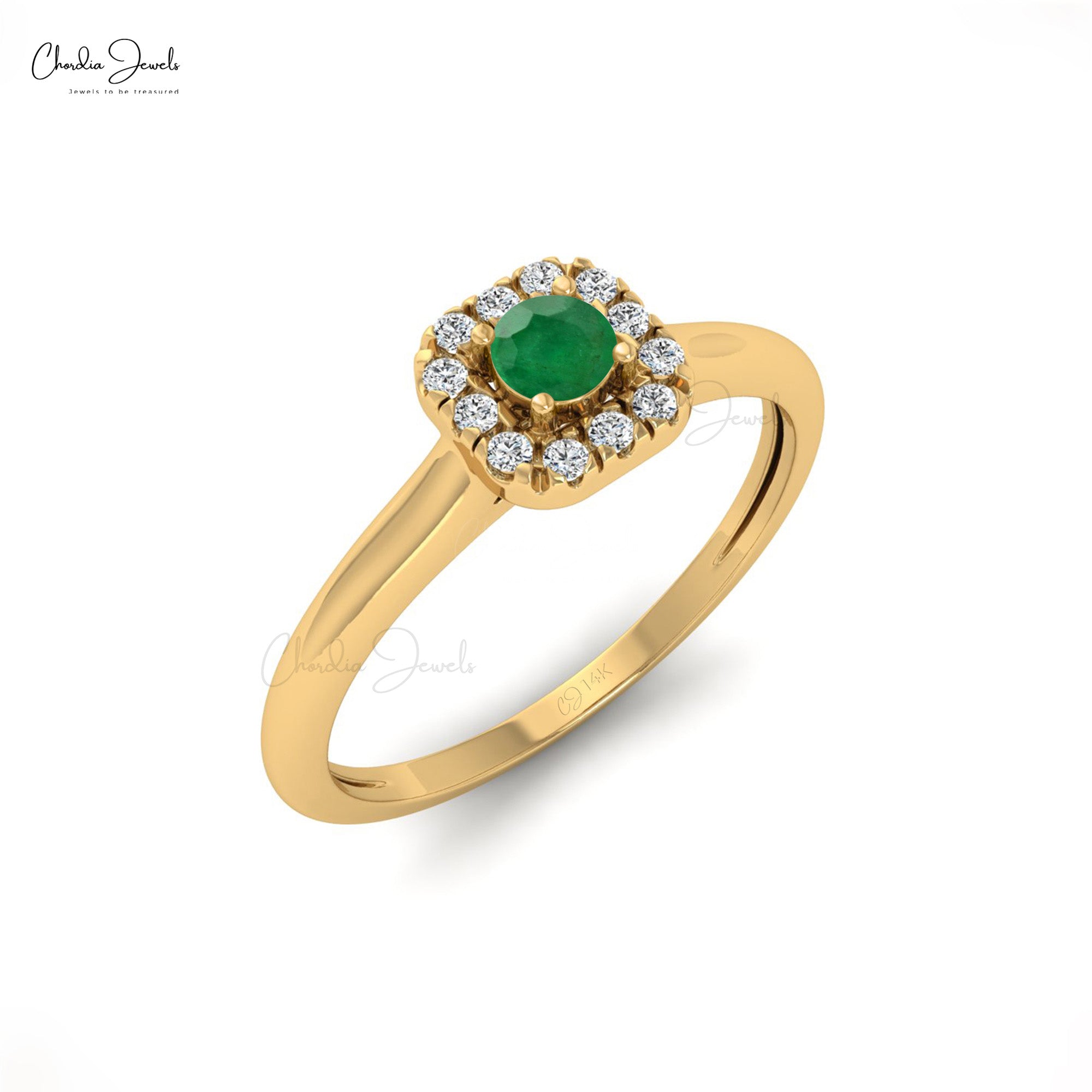 Prong Set Zambian Emerald with Diamond Accents in 14k Solid Gold Halo Ring