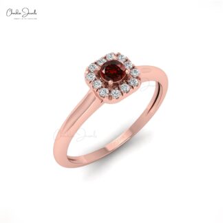 Natural 3mm Round Cut Red Garnet Halo Ring For Women in 14k Solid Gold
