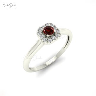 Natural 3mm Round Cut Red Garnet Halo Ring For Women in 14k Solid Gold