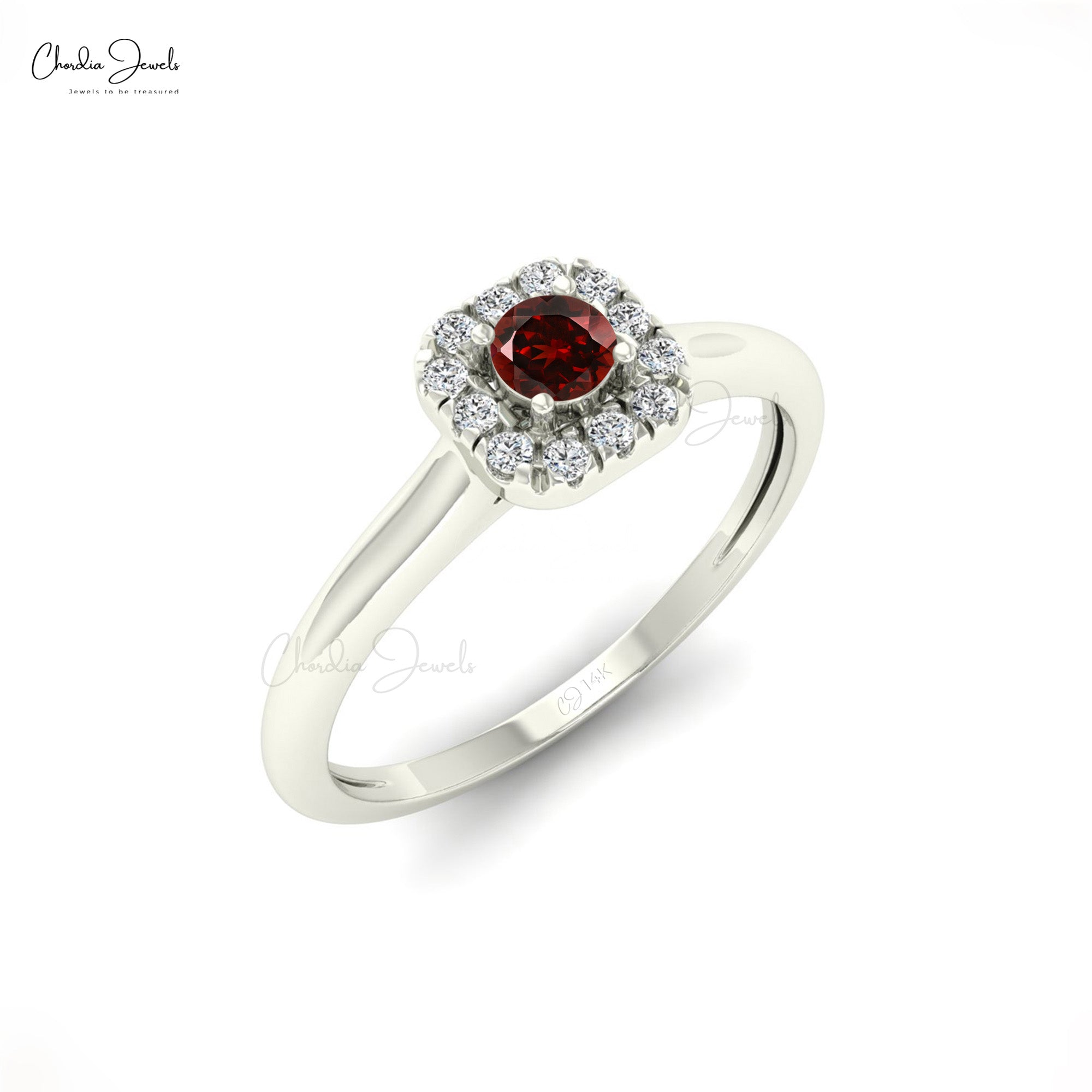 Natural 3mm Round Cut Red Garnet Halo Ring For Women in 14k Solid Gold