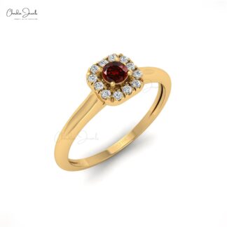 Natural 3mm Round Cut Red Garnet Halo Ring For Women in 14k Solid Gold