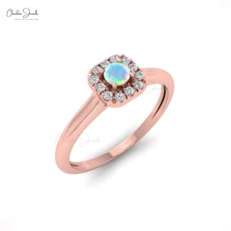 Round Opal Halo Diamond Ring In 14k Solid Gold Gemstone Hallmarked Women Jewelry