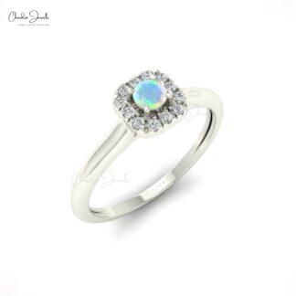 Round Opal Halo Diamond Ring In 14k Solid Gold Gemstone Hallmarked Women Jewelry