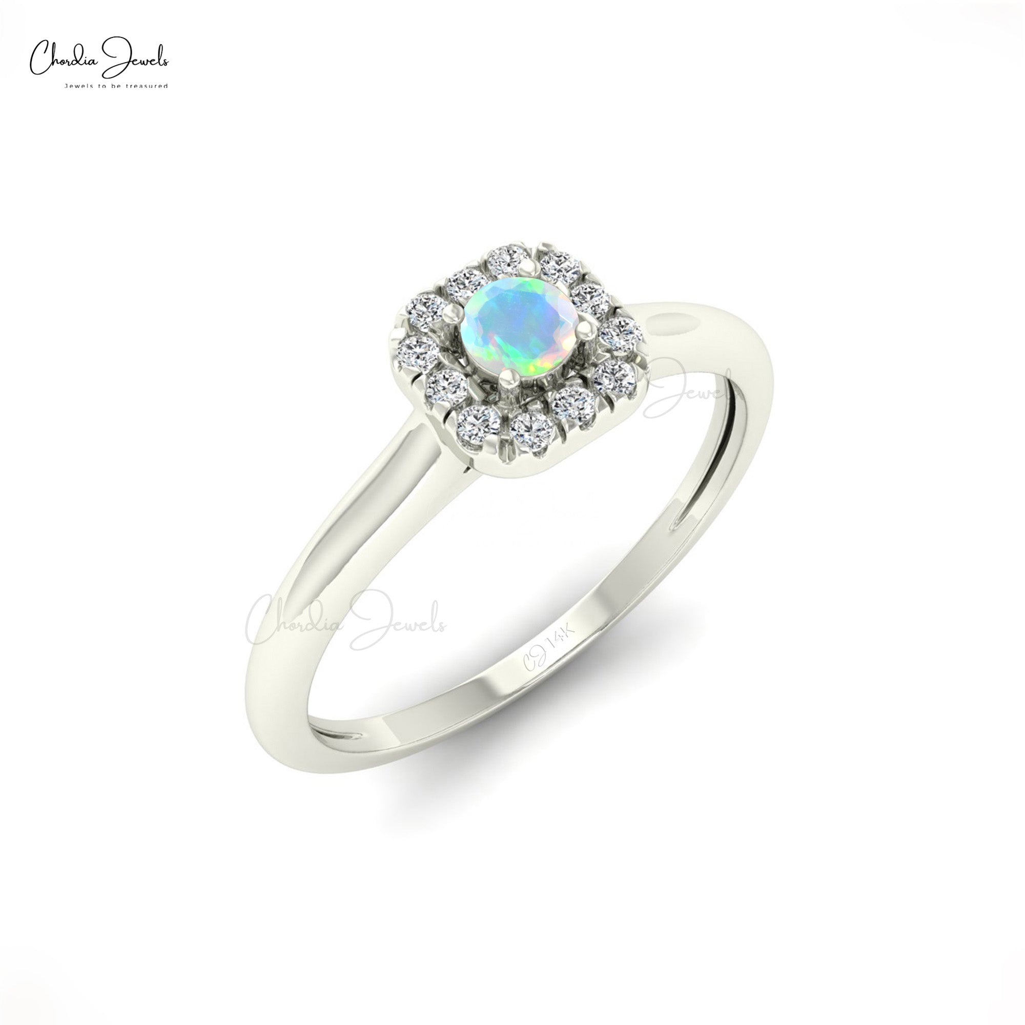 Round Opal Halo Diamond Ring In 14k Solid Gold Gemstone Hallmarked Women Jewelry