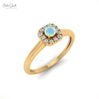 Round Opal Halo Diamond Ring In 14k Solid Gold Gemstone Hallmarked Women Jewelry