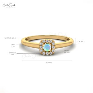 Round Opal Halo Diamond Ring In 14k Solid Gold Gemstone Hallmarked Women Jewelry