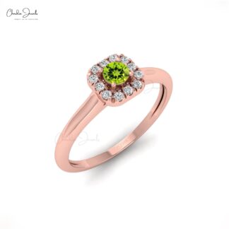 Natural Peridot Halo Ring With 0.13 Ct Gemstone 14k Real Gold Wedding Fine Jewelry