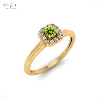 Natural Peridot Halo Ring With 0.13 Ct Gemstone 14k Real Gold Wedding Fine Jewelry