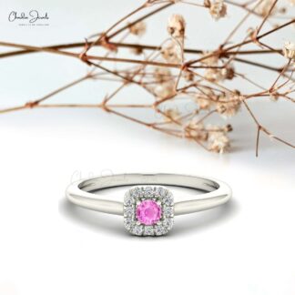 Dual Birthstone Halo Ring In 3mm Pink Sapphire Diamond Wedding Ring in 14k Real Gold