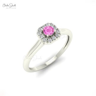 Dual Birthstone Halo Ring In 3mm Pink Sapphire Diamond Wedding Ring in 14k Real Gold