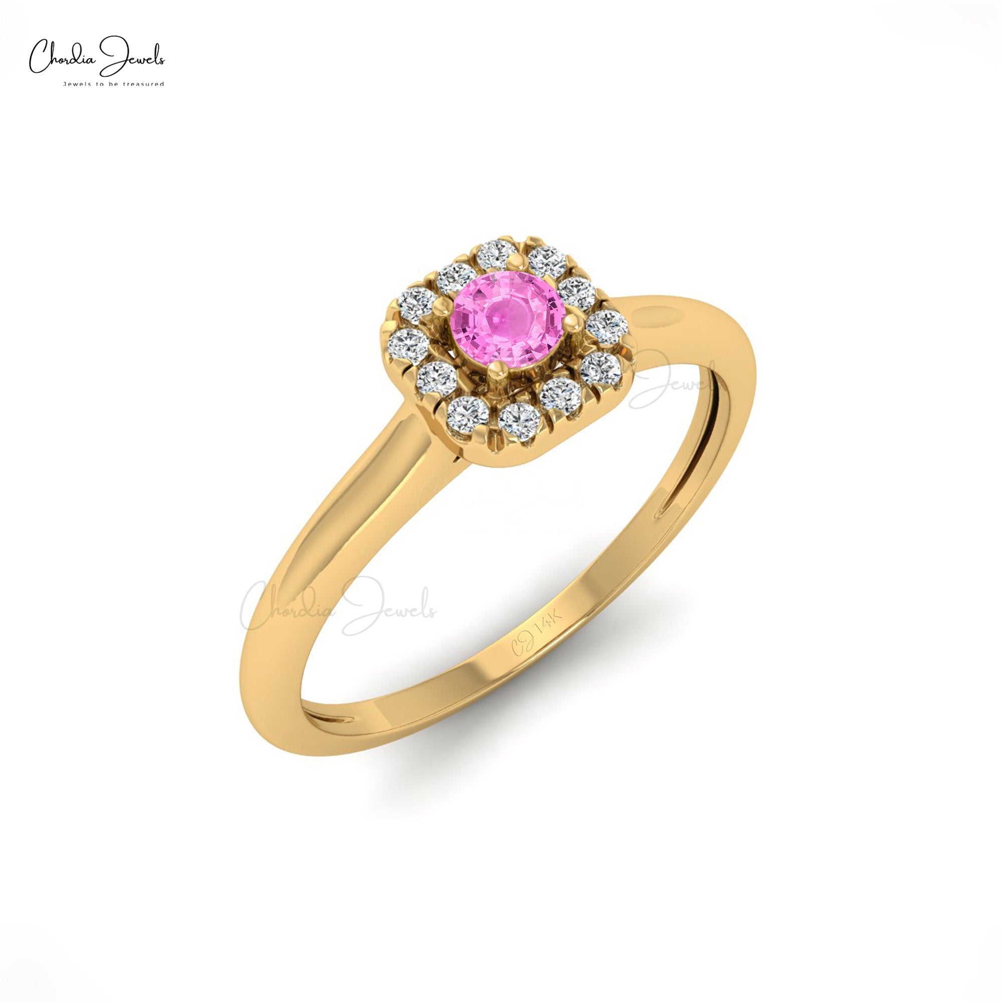 Dual Birthstone Halo Ring In 3mm Pink Sapphire Diamond Wedding Ring in 14k Real Gold