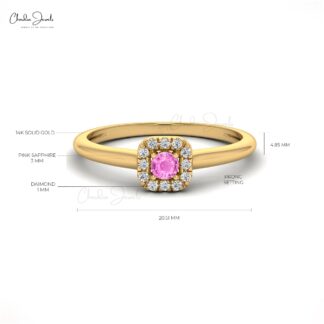 Dual Birthstone Halo Ring In 3mm Pink Sapphire Diamond Wedding Ring in 14k Real Gold