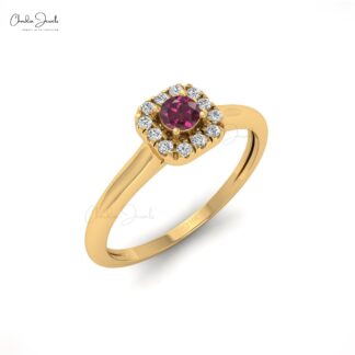 Genuine Rhodolite Garnet Halo Ring With 3mm Gemstone And Diamond 14k Gold Jewelry
