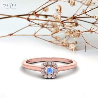 Solid 14k Gold Halo Ring In 3mm Rainbow Moonstone And Diamond Promise Rings For Her