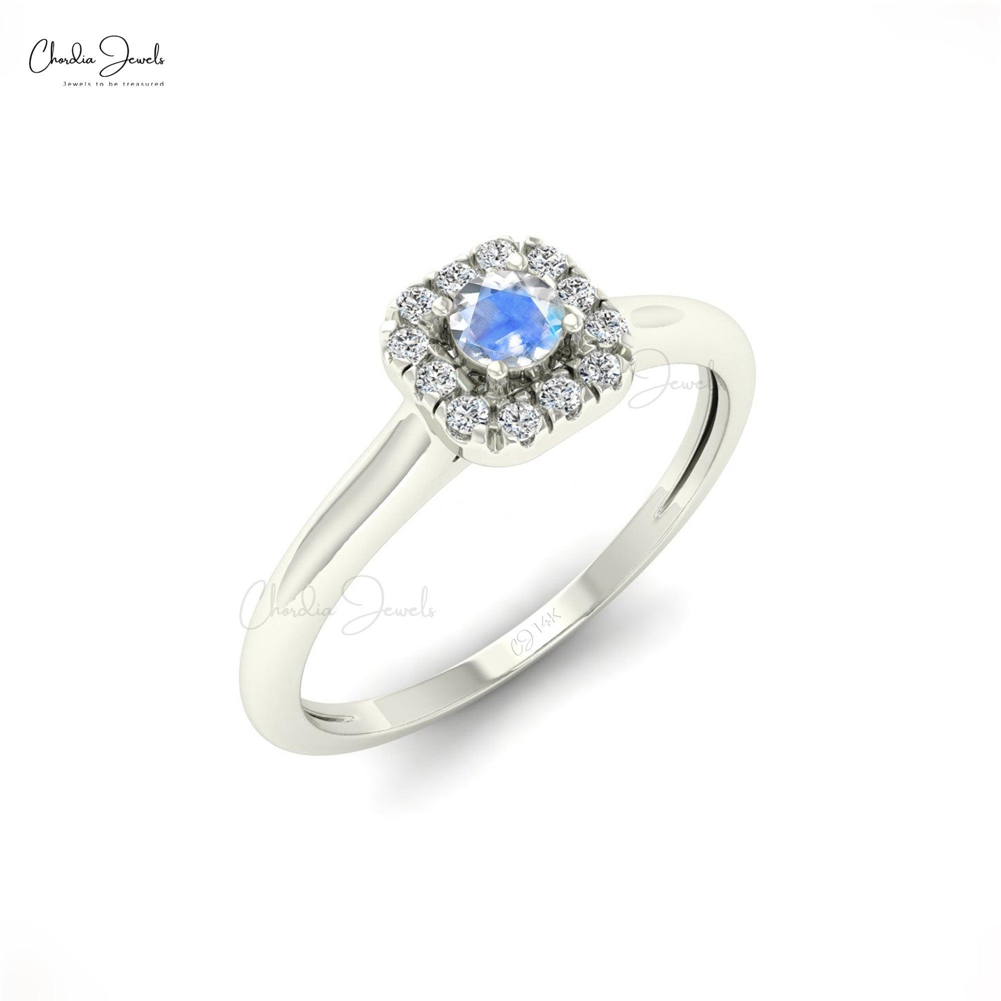 Solid 14k Gold Halo Ring In 3mm Rainbow Moonstone And Diamond Promise Rings For Her