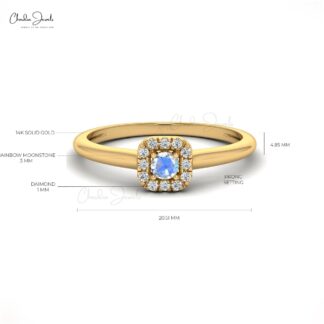 Solid 14k Gold Halo Ring In 3mm Rainbow Moonstone And Diamond Promise Rings For Her