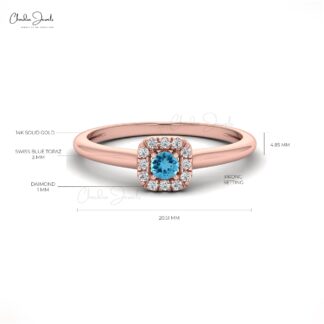 Halo Diamond Wedding Ring In 14k Solid Gold Swiss Blue Topaz Minimalist Ring For Her