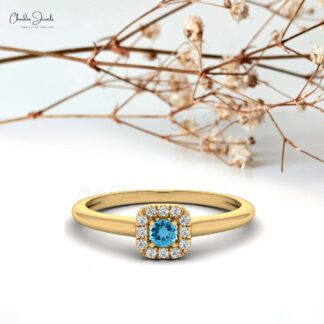 Halo Diamond Wedding Ring In 14k Solid Gold Swiss Blue Topaz Minimalist Ring For Her