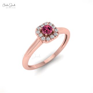 Delicate Halo Wedding Ring With 0.12 Ct Pink Tourmaline & Diamond Ring In 14k Real Gold