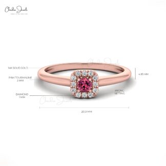 Delicate Halo Wedding Ring With 0.12 Ct Pink Tourmaline & Diamond Ring In 14k Real Gold