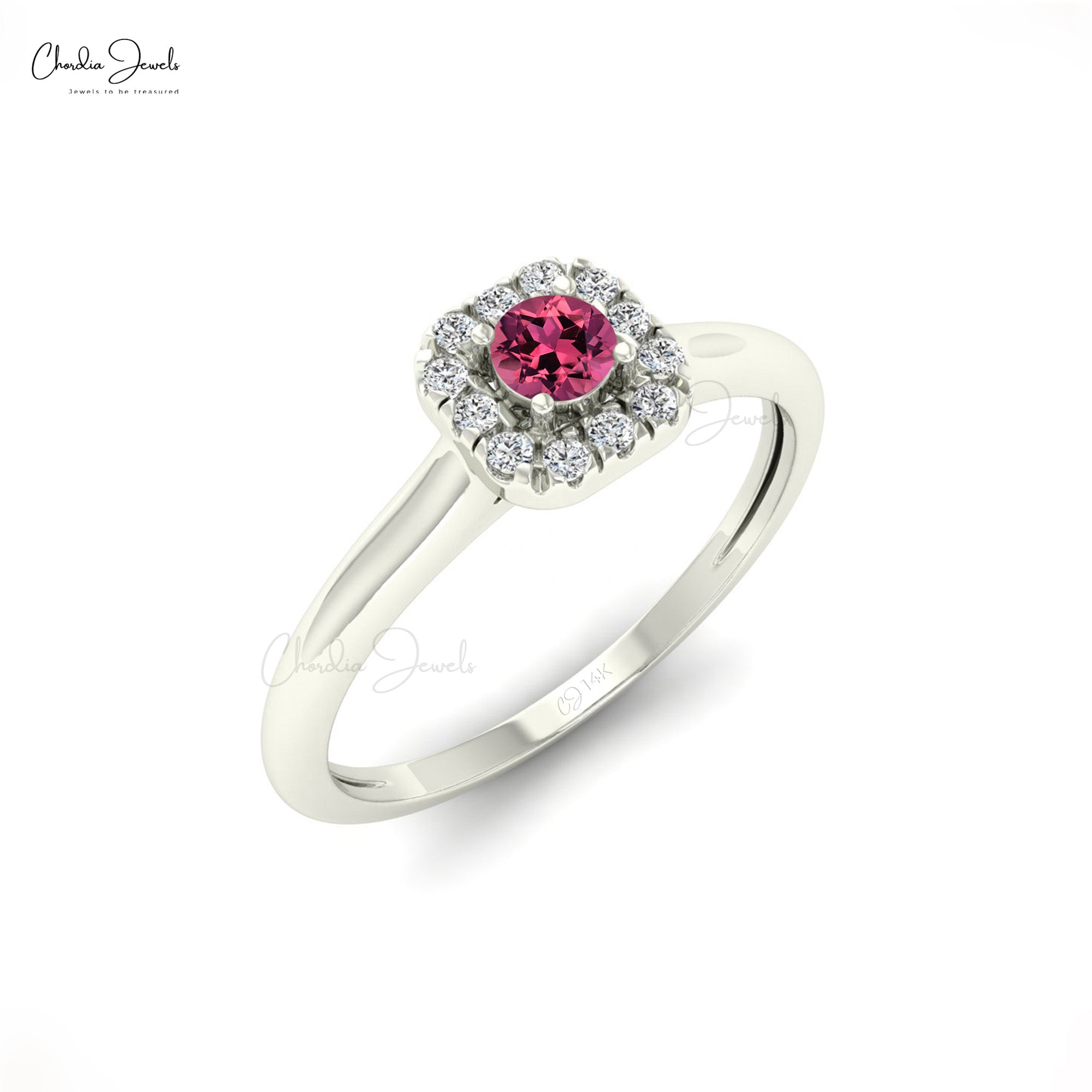 Delicate Halo Wedding Ring With 0.12 Ct Pink Tourmaline & Diamond Ring In 14k Real Gold