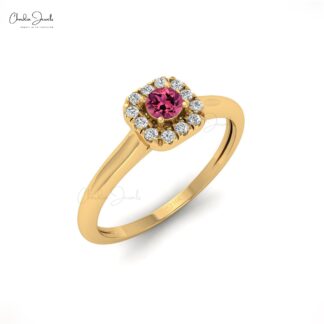 Delicate Halo Wedding Ring With 0.12 Ct Pink Tourmaline & Diamond Ring In 14k Real Gold