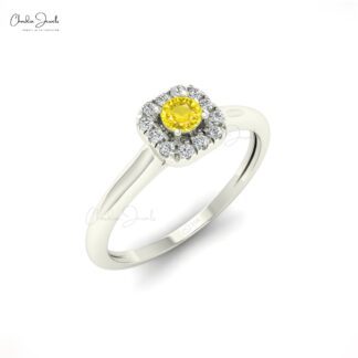 Genuine Yellow Sapphire Halo Ring With Pave Diamond Accents in 14k Real Gold Jewelry