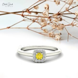 Genuine Yellow Sapphire Halo Ring With Pave Diamond Accents in 14k Real Gold Jewelry