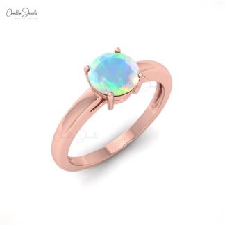 Solitaire Prong Set Ring In Real 14k Gold Fire Opal 6mm Round Gemstone Minimalist Ring