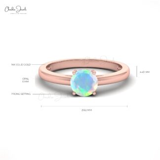 Solitaire Prong Set Ring In Real 14k Gold Fire Opal 6mm Round Gemstone Minimalist Ring