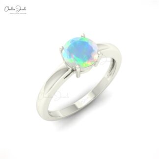 Solitaire Prong Set Ring In Real 14k Gold Fire Opal 6mm Round Gemstone Minimalist Ring