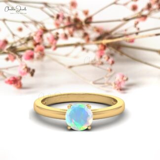Solitaire Prong Set Ring In Real 14k Gold Fire Opal 6mm Round Gemstone Minimalist Ring