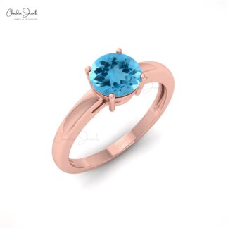 Round Solitaire Ring In Pure 14k Gold Swiss Blue Topaz 6mm Gemstone Promise Rings