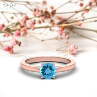 Round Solitaire Ring In Pure 14k Gold Swiss Blue Topaz 6mm Gemstone Promise Rings
