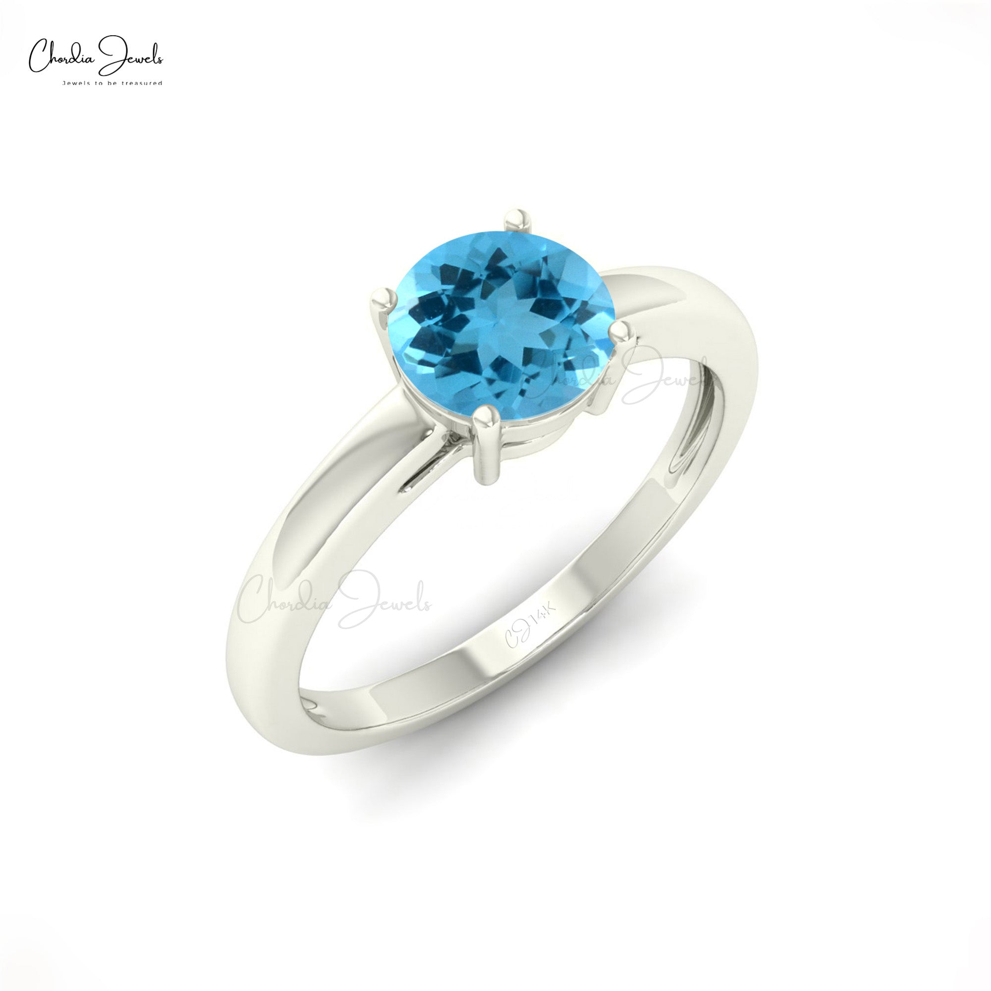 Round Solitaire Ring In Pure 14k Gold Swiss Blue Topaz 6mm Gemstone Promise Rings