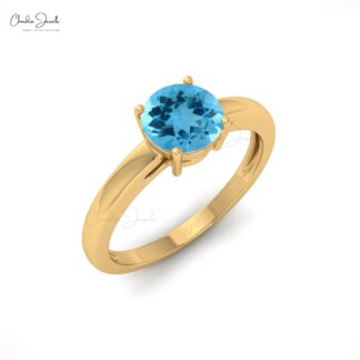Round Solitaire Ring In Pure 14k Gold Swiss Blue Topaz 6mm Gemstone Promise Rings