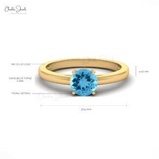 Round Solitaire Ring In Pure 14k Gold Swiss Blue Topaz 6mm Gemstone Promise Rings