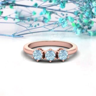 Three Stone Promise Ring With 4mm Aquamarine Prong Set In 14k Real Gold Stack Ring