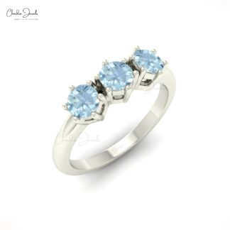 Three Stone Promise Ring With 4mm Aquamarine Prong Set In 14k Real Gold Stack Ring