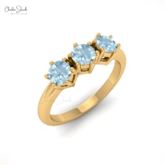 Three Stone Promise Ring With 4mm Aquamarine Prong Set In 14k Real Gold Stack Ring