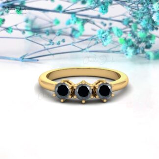 Round Trilogy Ring In 14k Solid Gold Black Diamond Stackable Wedding Rings For Her