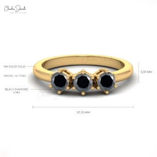 Round Trilogy Ring In 14k Solid Gold Black Diamond Stackable Wedding Rings For Her