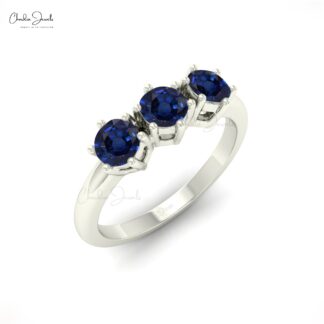 Trio Blue Sapphire Ring With 4mm Round Cut September Birthstone Ring In 14k Pure Gold