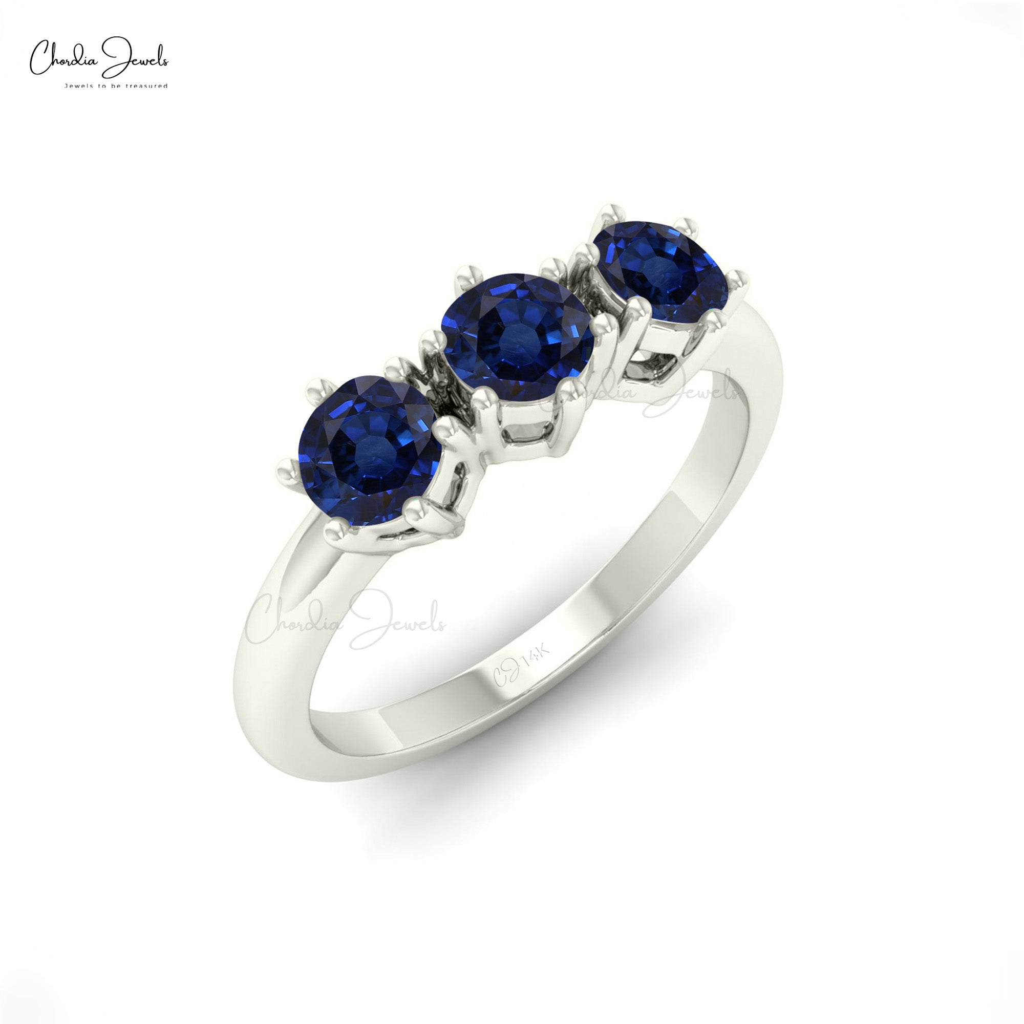 Trio Blue Sapphire Ring With 4mm Round Cut September Birthstone Ring In 14k Pure Gold