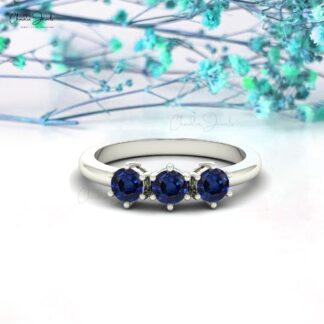 Trio Blue Sapphire Ring With 4mm Round Cut September Birthstone Ring In 14k Pure Gold