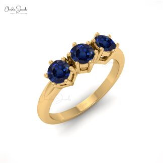 Trio Blue Sapphire Ring With 4mm Round Cut September Birthstone Ring In 14k Pure Gold