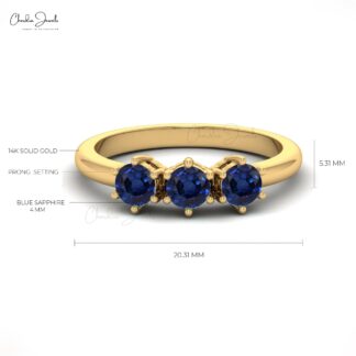 Trio Blue Sapphire Ring With 4mm Round Cut September Birthstone Ring In 14k Pure Gold