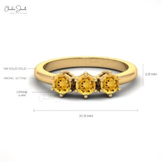 Round Cut Natural Brazilian Citrine Gemstone Ring In 14K Gold